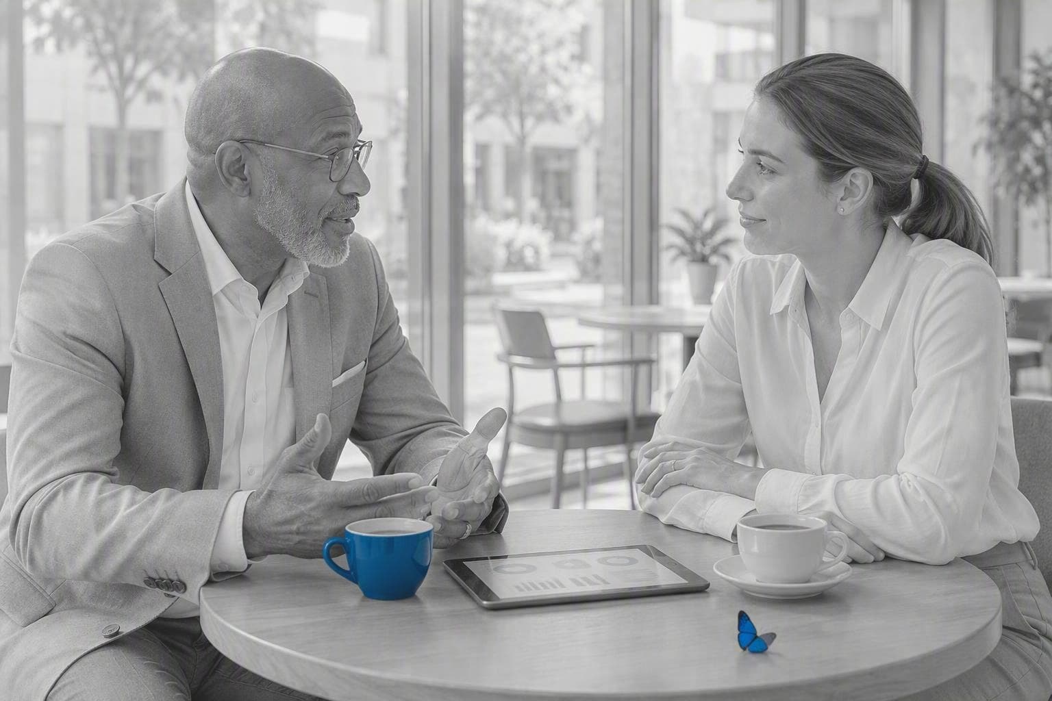 A generated greyscale photograph of two people talking, with one blue cup and a blue butterfly