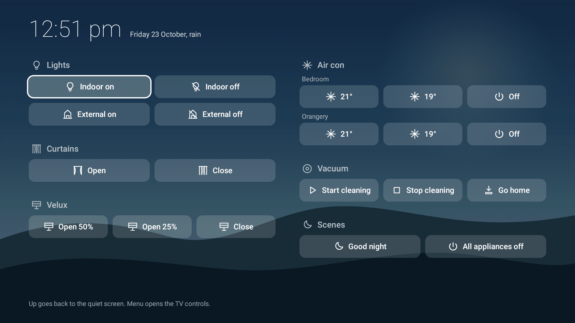 The House screen with grouped buttons for lights, curtains, Velux windows, air conditioning, vacuum and scenes