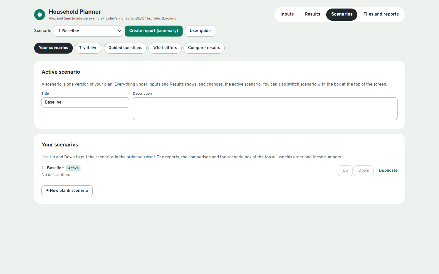 Planner scenarios screen