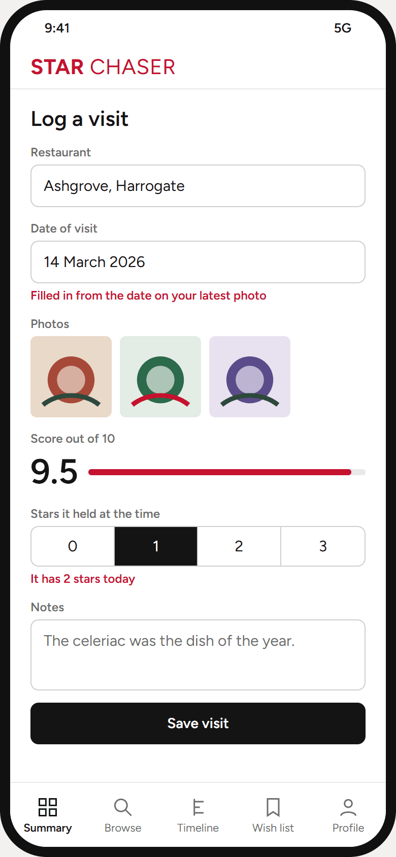 Star Chaser log a visit screen